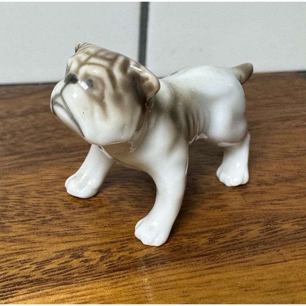 Miniature Porcelain English Bulldog Figurine White and Tan Glossy Ceramic Dog